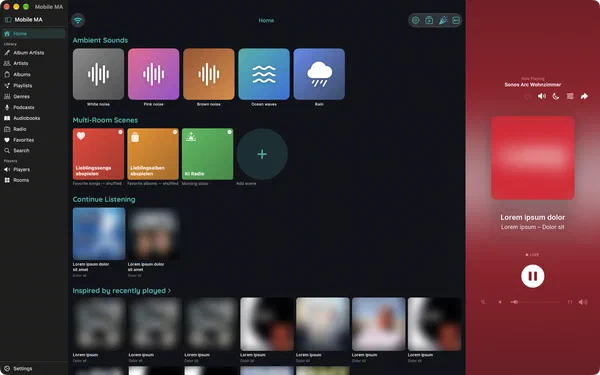 Home in the Mac app with sidebar and current playback